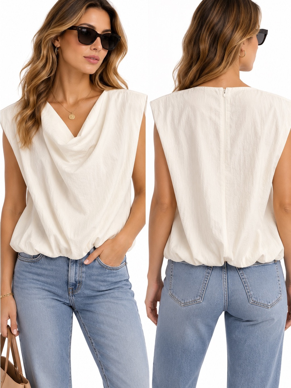 Zara Cream Draped Neck Sleeveless Tank